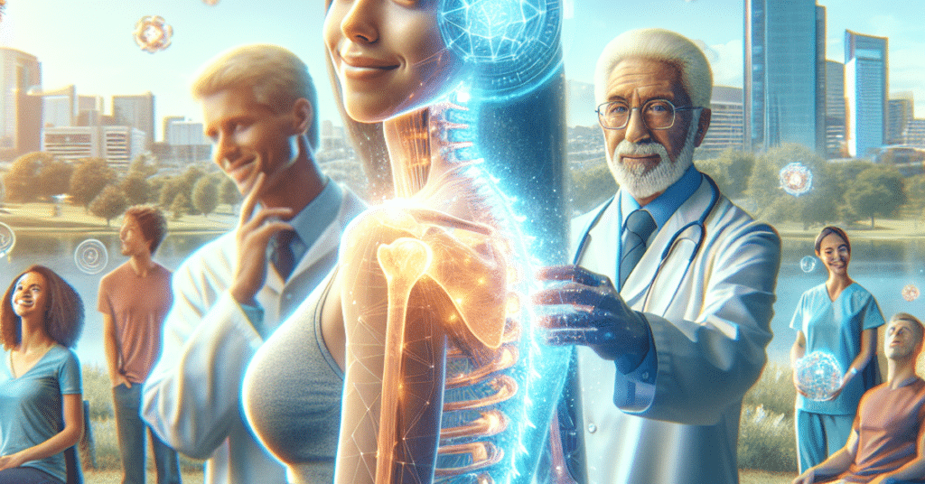 Chiropractor explaining the chiropractic adjustment process to a patient, pointing to a spinal model in a clinic setting.