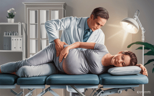 An illustration depicting a pregnant woman practicing yoga poses and receiving chiropractic adjustments to alleviate back pain during pregnancy. alleviating back pain during pregnancy