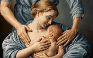 An illustration depicting a mother lovingly breastfeeding her two infant children, surrounded by lush greenery, conveying a serene and nurturing atmosphere. chiropractic care and breastfeeding