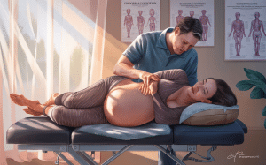 An illustration depicting a pregnant woman receiving chiropractic care to help position the fetus optimally for a smoother birth process. chiropractic care for optimal fetal positioning