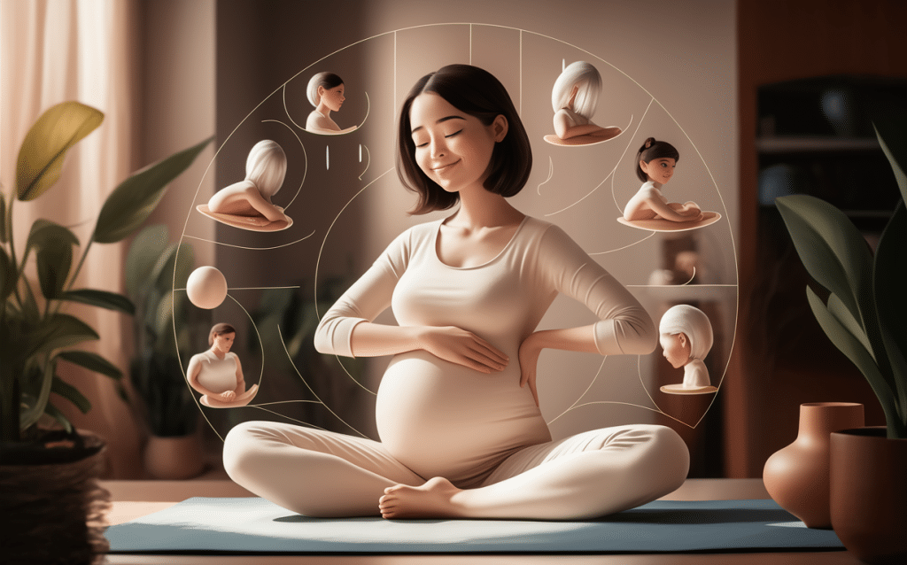 An illustration depicting a pregnant woman sitting in a cross-legged yoga pose, smiling with her eyes closed, surrounded by symbolic imagery representing the stages of pregnancy and fetal development. chiropractic care and breastfeeding
