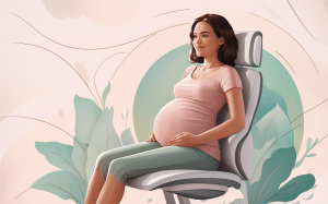 A pregnant woman smiling and sitting comfortably at a desk with books, working in an ergonomic position. pregnancy ergonomics chiropractic tips